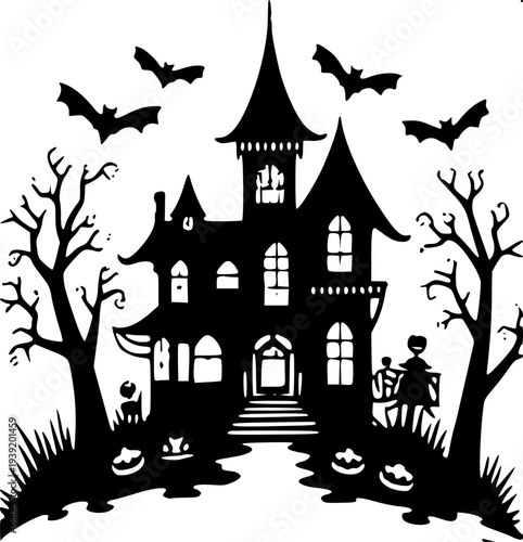 “Hand-drawn black and white illustration of a Halloween themed interior scene, arched window with large spider web pattern, hanging lanterns and charms, pumpkins and vases with plants, wooden floor, c