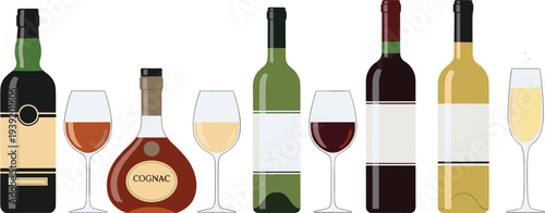 Various Alcoholic Beverages Including Wine, Cognac, Champagne, and Glasses for Drink, Liquor, and Party Illustrations