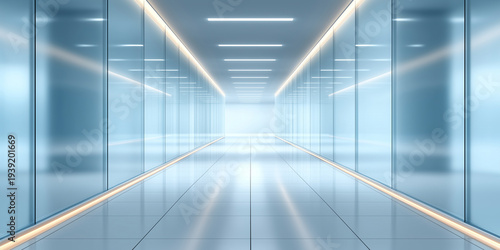 Futuristic minimalist corridor with glass walls and bright lights