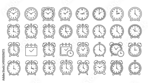 Collection of Simple Line Drawing Clock Icons for Time Management, Productivity, Scheduling, and Deadlines in Business, Education, and Personal Life