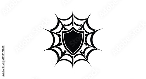A black shield framed by a spiky web design a striking silhouette