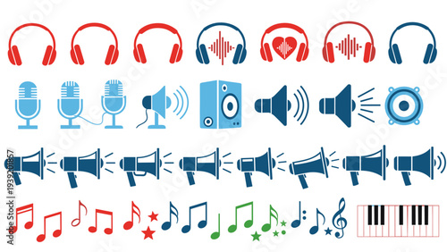 Vibrantly Colored Audio Equipment Vector Illustration: Headphones, Microphones, Speakers, Megaphones, Music Notes and Keyboard for Sound Design and Creative Audio Visual Projects