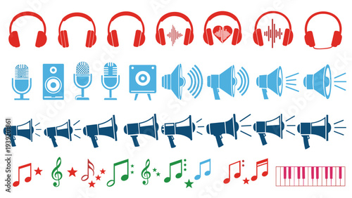 Vibrant Visuals: A Dynamic Vector Collage of Music Essentials for Creative Projects, Illustrating a Symphony of Sounds, Perfect for Graphic Design and Artistic Representations of Audio Culture