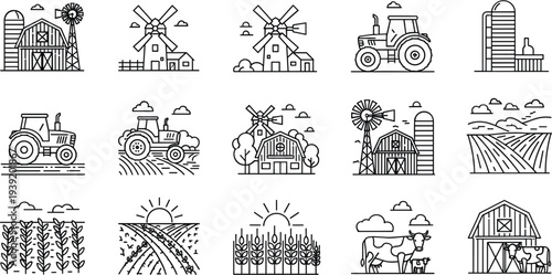 Farm Life and Agriculture Icons Featuring Barns, Tractors, Windmills, Crops, and Cows for Rural Farming and Harvesting Illustrations