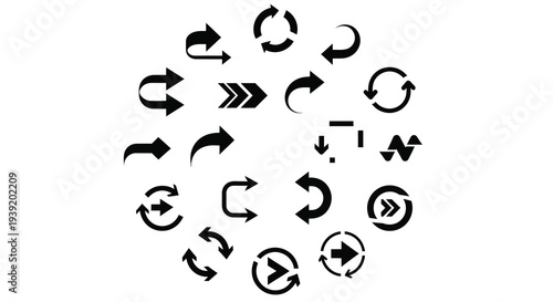 Collection of circular arrows and directional signs in black silhouette