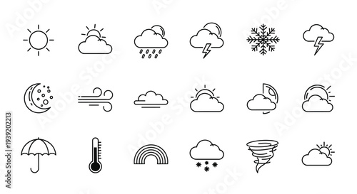 Weather icons depicting sun clouds rain and snow linear silhouette