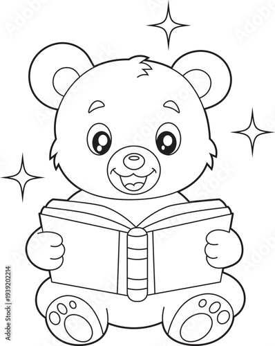 Wallpaper Mural Cute Teddy Bear Reading Book Coloring Page for Kids. Back to School Activity Sheet for Children. Torontodigital.ca