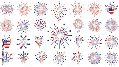 Patriotic Celebration: A Festive Array of Red, White, and Blue Fireworks Designs for Independence Day and National Holidays, Ideal for Event Decorations and Graphic Designs