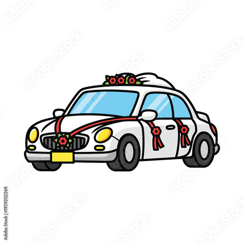 Illustration of a decorated white car with red ribbons and festive lights on a clean background viewed from the front side