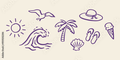 Beach summer vacation set naive outline sketch vector illustration