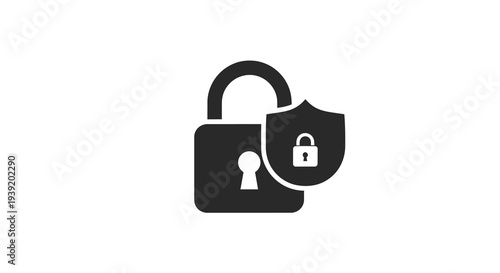 Black padlock and shield icon representing security a flat silhouette