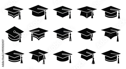 Multiple graduation caps arranged in rows a black silhouette
