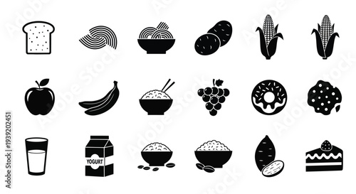 Various food items displayed as simple black silhouettes