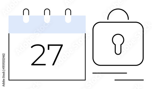 Time management, data protection, event confidentiality, scheduling privacy, deadline security, digital safety. Calendar showing the 27th, next to a lock icon. Time management and data protection