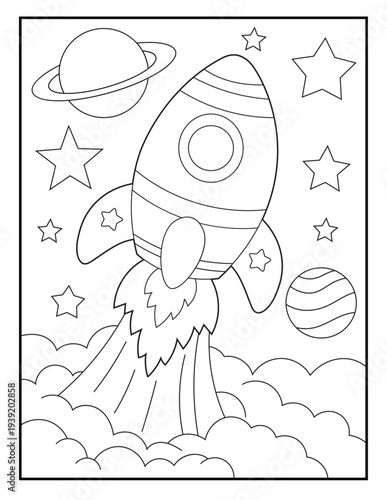 Wallpaper Mural Rocket Launch Coloring Page for Kids. Cartoon Space Rocket Flying with Planets, Stars and Clouds. Simple Outer Space Line Art Printable Activity Sheet for Children. Torontodigital.ca