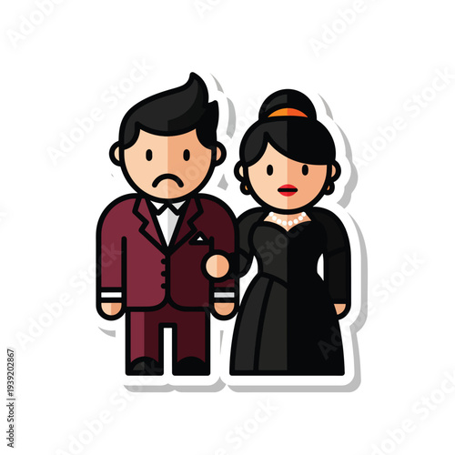 Cartoon couple in formal attire standing together with unhappy male expression