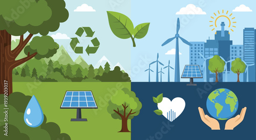 Environmental concepts illustrated with nature and technology a flat silhouette
