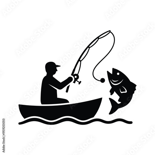 Fisherman in a boat catching a jumping fish icon fishing