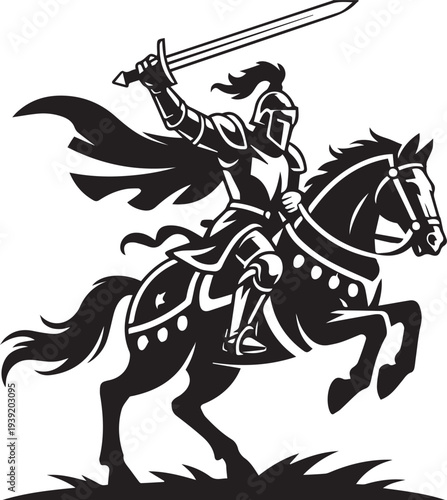 Silhouette of a medieval warrior on horseback holding a sword knight cavalry