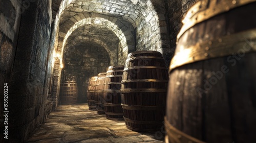 Old stone cellar with wooden barrels lining the walls, evoking a sense of history and tradition in a rustic atmosphere.