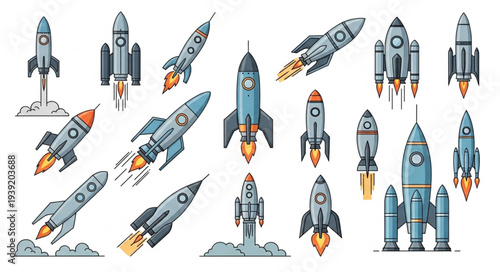 Collection of retro and modern rockets launching into space.