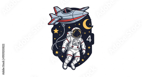 Astronaut floating in space with a spaceship and celestial bodies.