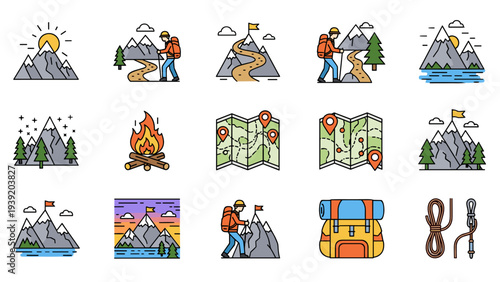 Adventure Awaits: Exploring the Great Outdoors with Hiking, Camping, and Mountain Icons for Travel Enthusiasts and Nature Lovers in a Flat Vector Illustration Style