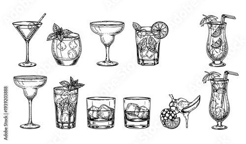 Hand Drawn Cocktail Menu Background with Sketch Alcohol Drinks Vector Set