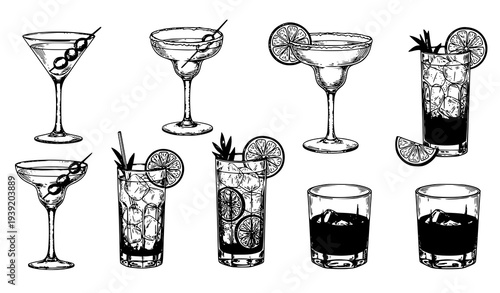 Vintage Cocktail Party Sketch Set with Hand Drawn Alcohol Drinks Vector