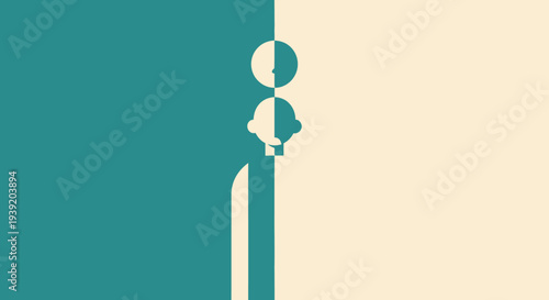 A teal and cream background features a striking human figure silhouette