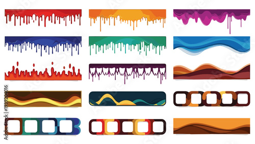 Colorful Decorative Vector Borders: A Collection of Vibrant Design Elements for Creative Projects and Graphic Design, Featuring Abstract Shapes, Dripping Paint, and Modern Geometric Patterns