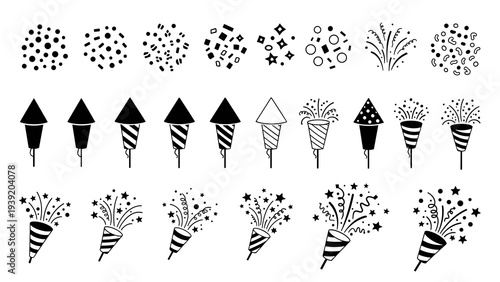 Festive Fun: A Black and White Celebration Icon Set of Confetti, Firecrackers and Party Poppers for Design and Holiday Projects Featuring Celebratory Elements and Vector Designs