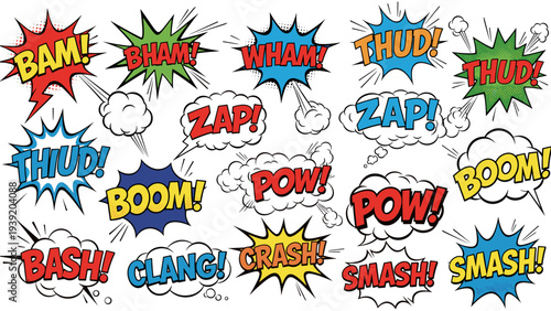 Energetic Comic Book Sound Effects Collection: Colorful Explosions and Dynamic Text for Creative Design Projects, Adding Impact and Humor to Visual Storytelling