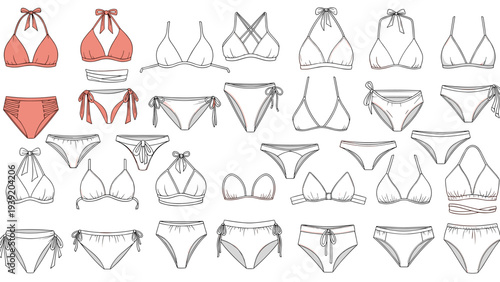 Stylish Swimwear Collection: A Diverse Set of Bikini Designs for Summer Fashion, Beachwear, and Vacation Apparel, Featuring Halter Tops, Triangle Bras, and Tie-Side Bottoms in Various Styles