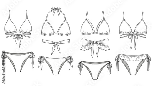 Fashionable Swimwear Collection: Bikini Sketches for Summer Style & Design Inspiration - Hand-Drawn Beachwear Outlines for Creative Projects, Resort Wear Mockups & Fashion Illustrations