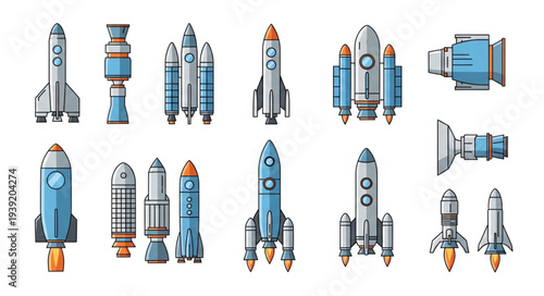 Collection of cartoon rockets and spacecraft illustrations.