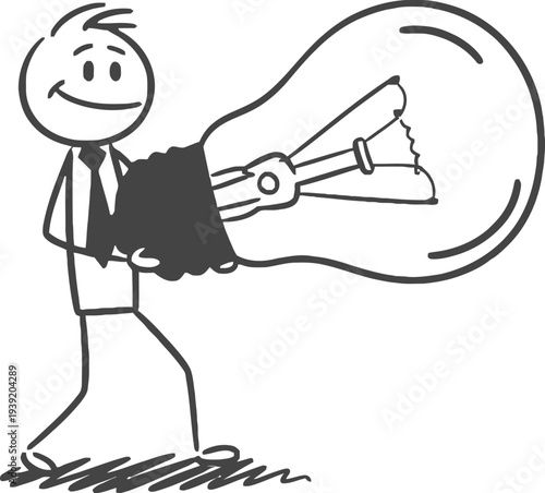 Vector illustration of a smiling businessman holding a giant light bulb with a clamp