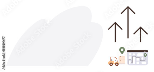 Logistics, delivery systems, warehouse operations, supply chain growth, shipping, business expansion. Forklift, location pin package and upward arrows. Logistics and delivery systems by engaging