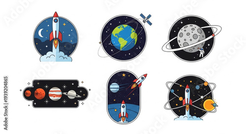 Space exploration and planets illustration set.