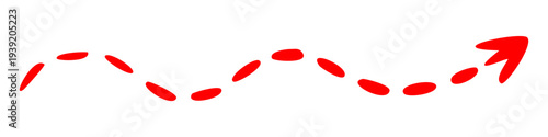 Wavy dotted red arrow drawn by hand pointing upward and to the right on a white background. Vector illustration.