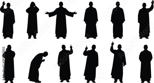 Set of priest and pastor silhouettes in robes performing various religious gestures like preaching praying and blessing for spiritual vector design.Set of 