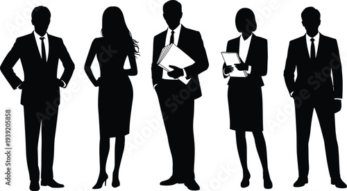 Set of professional business people silhouettes in formal suits, including men and women standing confidently, representing corporate teamwork, leadership, and success on white background