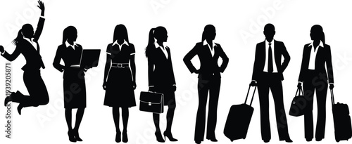 Set of professional business people silhouettes featuring successful women and men in corporate attire with laptops and luggage isolated on white background for career concepts