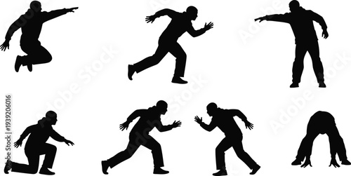 Set of Seven Black Silhouette Vector Illustrations Featuring Men in Hoodies and Sportswear Performing Dynamic Running Jumping and Action Poses for Fitness Designs
