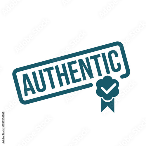 Bold Teal Authentic Stamp with Checkmark Ribbon Badge on White Background Conveying Credibility Trustworthiness and Genuine Brand Verification
