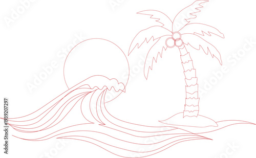 Minimalist tropical beach line art with palm tree, sun, and ocean waves,  hand-drawn summer landscape illustration