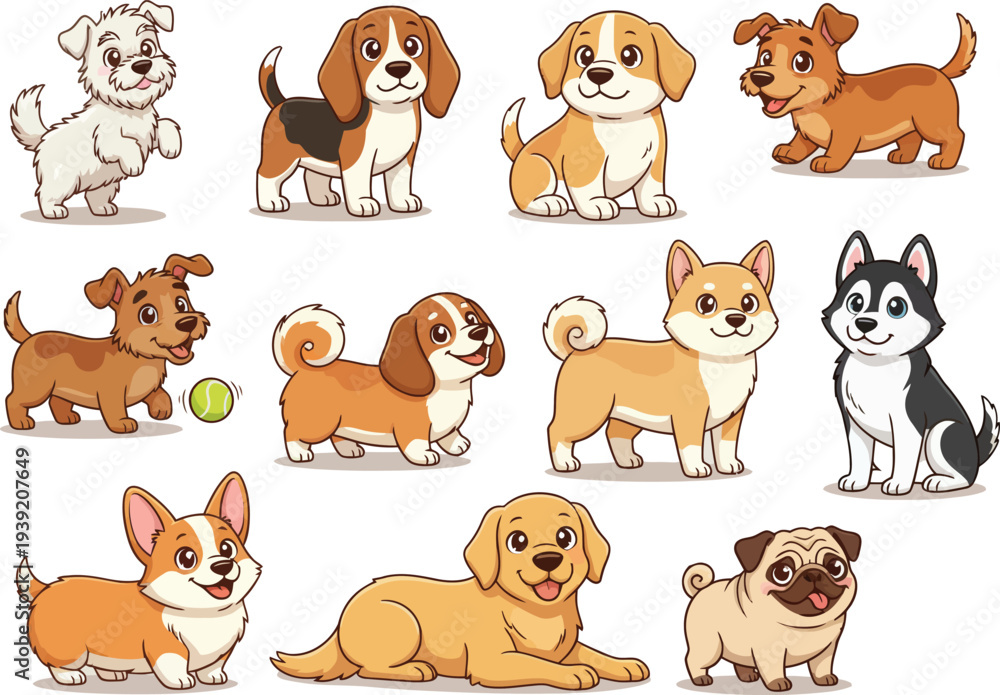 Obraz premium Cute Cartoon Dogs Collection Different Dog Breeds Vector Illustration
