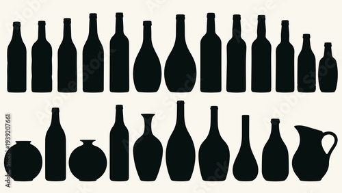 Elegant Silhouette Still Life:  Diverse Collection of Bottles, Vases, and Pitchers Against a Light Background, Ideal for Décor and Design Projects Requiring Simplicity and Refined Taste
