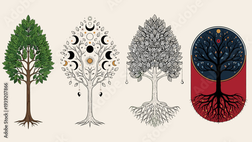 Enchanted Forest: Four Trees of Life, Moon Phases, and Symbolic Foliage - Mystical Illustrations for Spiritual Art, Nature-Inspired Design, and Fantasy-Themed Creative Projects
