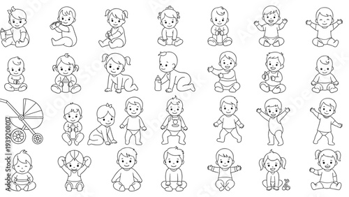 Adorable Baby Illustrations: Diverse Poses and Expressions in Vector Line Art for Children's Designs, Coloring Books, and Nursery Decor Projects - A Collection of Cute Infant Graphics